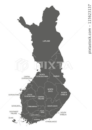 Vector map of Finland with regions or counties and administrative divisions. Editable and clearly labeled layers. 115623137