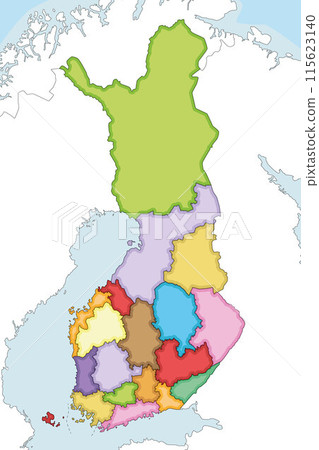 Vector illustrated blank map of Finland with regions or counties and administrative divisions, and neighbouring countries. Editable and clearly labeled layers. 115623140