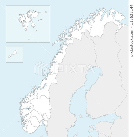 Vector regional blank map of Norway with counties and territories, and neighbouring countries. Editable and clearly labeled layers. 115623144