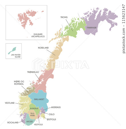 Vector regional map of Norway with counties and territories, and administrative divisions. Editable and clearly labeled layers. 115623147