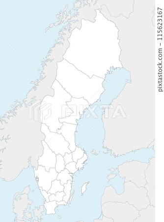 Vector regional blank map of Sweden with counties and administrative divisions, and neighbouring countries. Editable and clearly labeled layers. Vector regional blank map of Sweden with counties and administrative divisions, and neighbouring countries. Editable and clearly labeled layers. 115623167