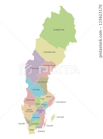 Vector regional map of Sweden with counties and administrative divisions. Editable and clearly labeled layers. Vector regional map of Sweden with counties and administrative divisions. Editable and clearly labeled layers. 115623170
