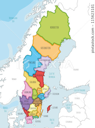 Vector illustrated regional map of Sweden with counties and administrative divisions, and neighbouring countries. Editable and clearly labeled layers. Vector illustrated regional map of Sweden with counties and administrative divisions, and neighbouring countries. Editable and clearly labeled layers. 115623181