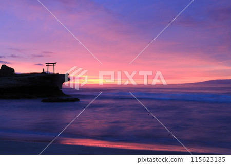 [Shizuoka Prefecture] Shirahama Shrine, Daimyojin Rock's Red Torii Gate at Dawn 115623185