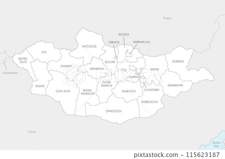 Vector regional map of Mongolia with provinces and administrative divisions, and neighbouring countries and territories. Editable and clearly labeled layers. 115623187