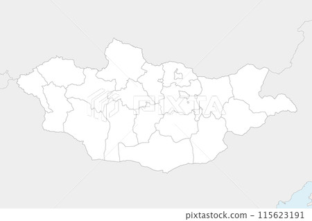 Vector regional blank map of Mongolia with provinces and administrative divisions, and neighbouring countries and territories. Editable and clearly labeled layers. Vector regional blank map of Mongolia with provinces and administrative divisions, and neighbouring countries and territories. Editable and clearly labeled layers. 115623191