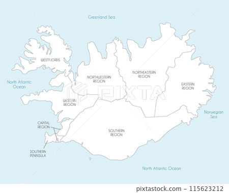 Vector map of Iceland with regions and administrative divisions. Editable and clearly labeled layers. Vector map of Iceland with regions and administrative divisions. Editable and clearly labeled layers. 115623212