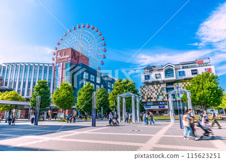 Yokohama cityscape in Japan in June. View of Tsuzuki Hankyu and other buildings shining against the blue sky in front of Center Kita Station (1st) Yokohama cityscape in Japan in June. View of Tsuzuki Hankyu and other buildings shining against the blue sky in front of Center Kita Station (1st) 115623251