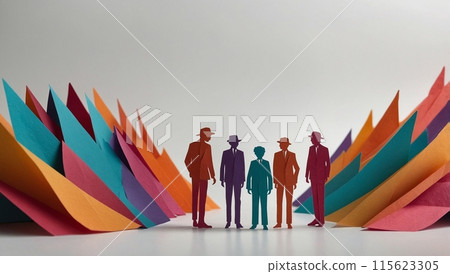 little men cut out of colored paper on a white background 115623305