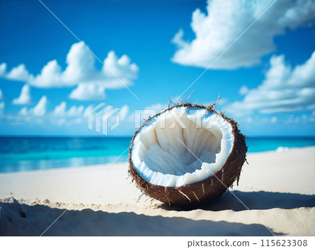 Coconut exotic nourishment on horizontal blur background. Open coco nut on premium resort. 115623308