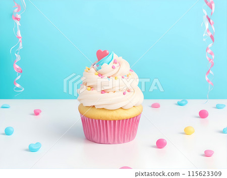 Cupcake for birthday party celebrate. Festive background with cake. 115623309