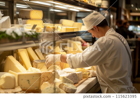 Focused cheese monger in a white coat and hat carefully arranges a variety of gourmet cheeses Focused cheese monger in a white coat and hat carefully arranges a variety of gourmet cheeses 115623395
