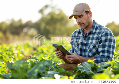 Male farmer examines crops while managing farm with a tablet during golden hour Male farmer examines crops while managing farm with a tablet during golden hour 115623399