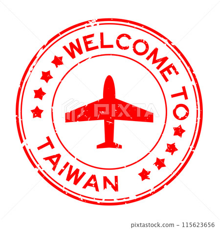 Grunge red welcome to taiwan with airplane icon round rubber seal stamp on white background 115623656