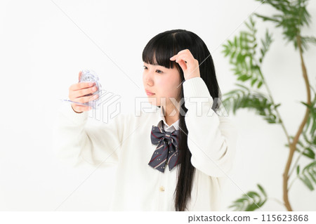 High school girl worried about her bangs High school girl worried about her bangs 115623868