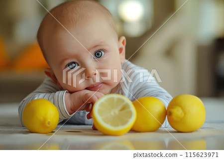 Adorable baby lies next to vibrant yellow lemons on a soft surface 115623971