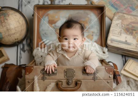 Cute infant holds onto an old suitcase, ready for a journey, surrounded by world maps and globes 115624051