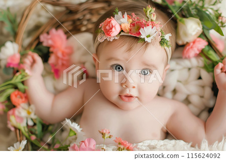 Innocent baby girl with captivating eyes surrounded by soft blooms 115624092