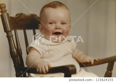 Joyful infant with a big smile sitting in an old-fashioned wooden chair, portrait with warm tones 115624155