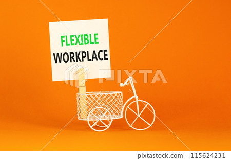 Flexible workplace symbol. Concept words Flexible workplace on beautiful white paper on wooden clothespin. Beautiful orange background. Bike model. Business Flexible workplace concept. Copy space. 115624231