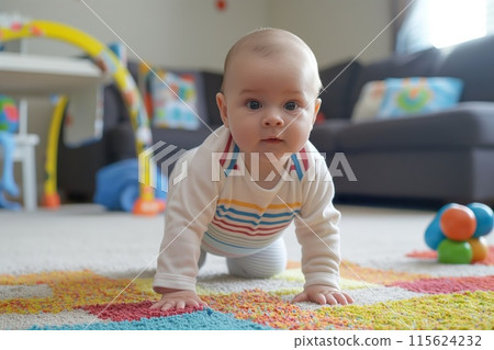 Curious infant in a playful outfit exploring the floor at home with toys around 115624232