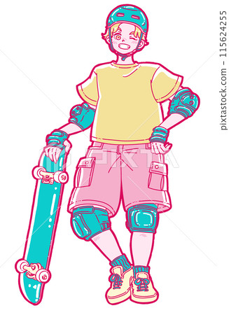 手裡拿著滑板的微笑男孩 115624255