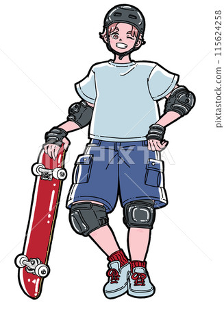 手裡拿著滑板的微笑男孩 115624258