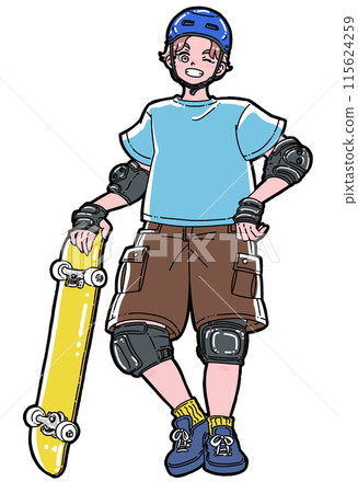 手裡拿著滑板的微笑男孩 115624259
