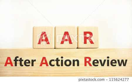 AAR After action review symbol. Concept words AAR After action review on beautiful wooden blocks. Beautiful white background. Business AAR after action review concept. Copy space. AAR After action review symbol. Concept words AAR After action review on beautiful wooden blocks. Beautiful white background. Business AAR after action review concept. Copy space. 115624277