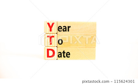 YTD year to date symbol. Concept words YTD year to date on beautiful wooden blocks. Beautiful white background. Business YTD year to date concept. Copy space. 115624301