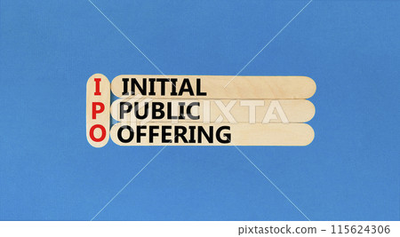 IPO initial public offering symbol. Concept words IPO initial public offering on beautiful wooden stick. Beautiful blue background. Business IPO initial public offering concept. Copy space. IPO initial public offering symbol. Concept words IPO initial public offering on beautiful wooden stick. Beautiful blue background. Business IPO initial public offering concept. Copy space. 115624306