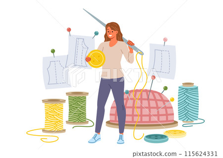 Woman seamstress holds large needle and button standing near threads for making handmade clothes Woman seamstress holds large needle and button standing near threads for making handmade clothes 115624331