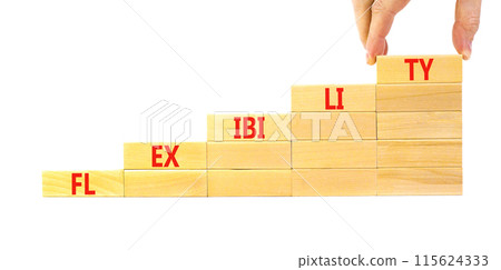 Flexibility symbol. Concept word Flexibility on beautiful wooden blocks. Businessman hand. Beautiful white background. Business flexibility concept. Copy space. 115624333