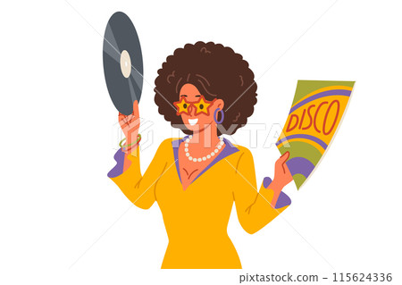 Disco woman holds vinyl record and invites you to retro holiday party with opportunity to dance Disco woman holds vinyl record and invites you to retro holiday party with opportunity to dance 115624336