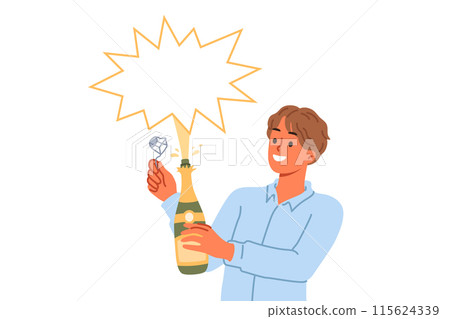 Man opens champagne and sees splash of alcoholic drink during festive christmas party Man opens champagne and sees splash of alcoholic drink during festive christmas party 115624339