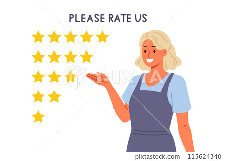 Stars for rating and feedback, near woman waitress recommending participation in quality assessment 115624340