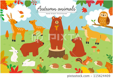 Hand-drawn illustrations of autumn animals against blue sky 115624409