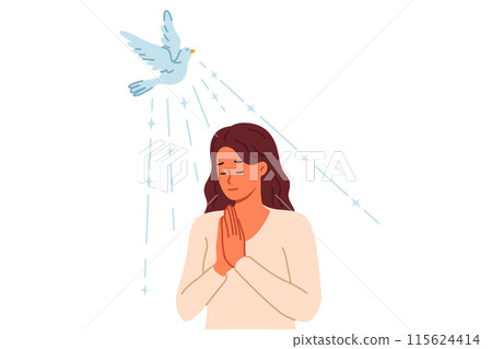 Woman reads prayer with palms folded in front of chest, standing near flying dove and shining sun 115624414