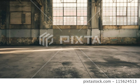 Warm sunlight filters through large windows in a spacious, abandoned warehouse interior 115624513