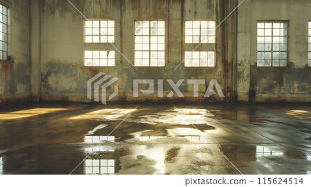 Golden hour sunbeams illuminate an empty, vintage industrial space with scattered reflections 115624514