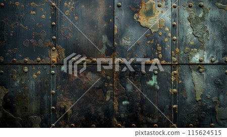 Close-up of a vintage metal door with rust and patina 115624515