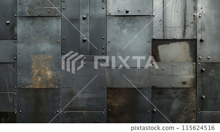 High-resolution image of a weathered metal wall with riveted plates, suitable for backgrounds 115624516