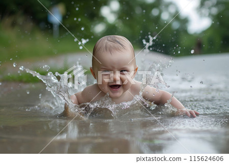 Happy baby playing and making a splash in a puddle, showcasing pure joy and delight 115624606