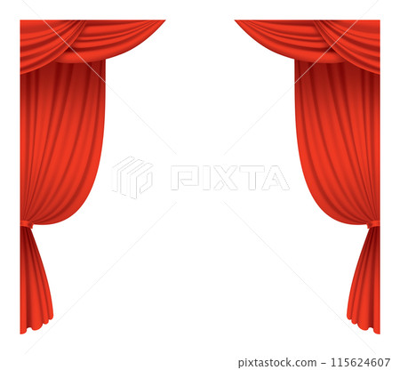 Red curtains realistic. Theater fabric silk decoration for movie cinema or opera hall. Curtains and draperies interior decoration object. Isolated on transparent for theater stage 115624607
