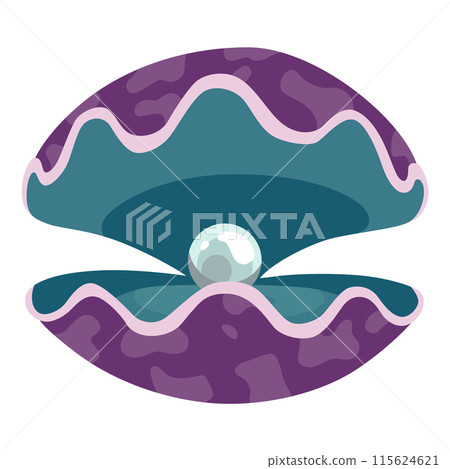 Pearl in seashell. Open seashell scallop and pearl shell icon. Beautiful pearl in clam shell in cartoon flat style. Vector illustration isolated on white background Pearl in seashell. Open seashell scallop and pearl shell icon. Beautiful pearl in clam shell in cartoon flat style. Vector illustration isolated on white background 115624621
