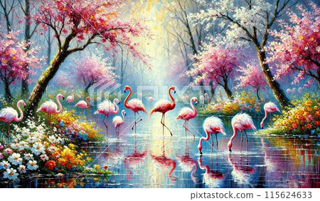 火烈鳥站在開滿春花的池塘里 115624633