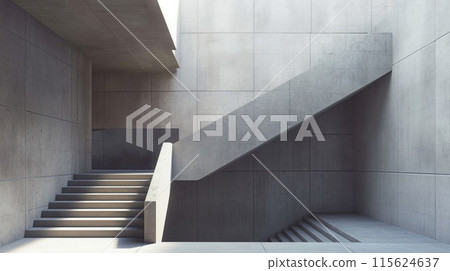 Sunlight filters through a minimalist concrete architecture with a clean-lined staircase 115624637