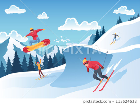 Mountain ski resort landscape. Winter web banner design. Sport on vacations or winter activity. Sports descent on skis in mountains hills. Vector cartoon illustration 115624638
