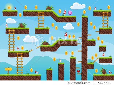 Game level map. Arcade 2d video game for old computer or console. Cartoon computer or mobile arcade with bonus items, jumping road to goal play. Vector cartoon illustration Game level map. Arcade 2d video game for old computer or console. Cartoon computer or mobile arcade with bonus items, jumping road to goal play. Vector cartoon illustration 115624649