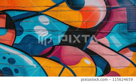 Colorful graffiti art on a brick wall, capturing urban street culture 115624659